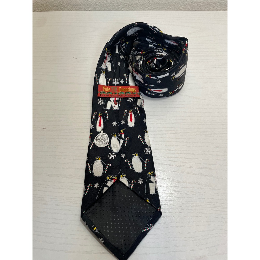 Yule Tie Greetings Penguin Candy Cane Christmas Silk Necktie Men - Picture 5 of 7